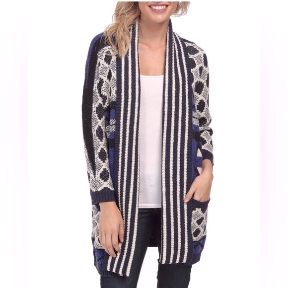 Lucky Brand Womens Blue Geometric Oversized Open Front Cardigan Sweater XS/S - Picture 1 of 12